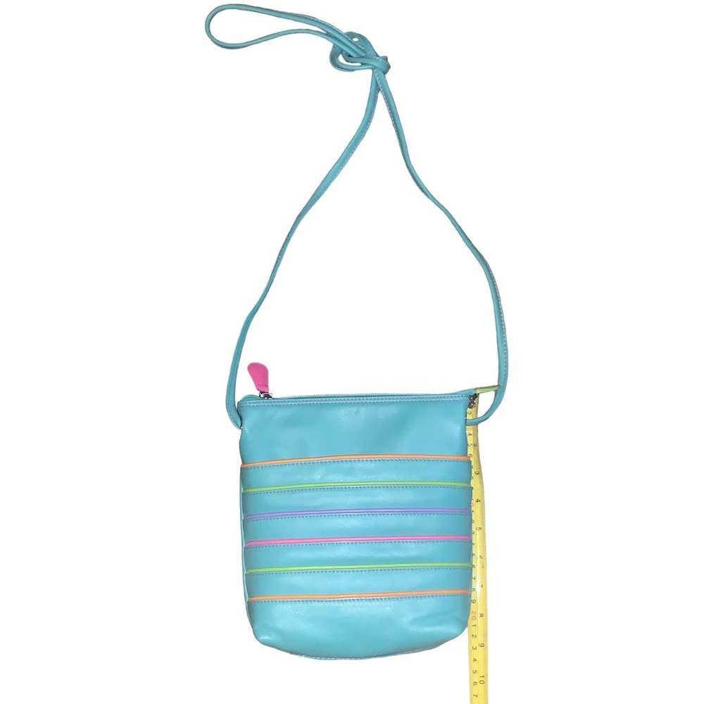 ILI New York Teal Handbag Striped Leather Shoulder Bag Purse Great Condition